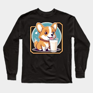 Corgi dog drinking milk Long Sleeve T-Shirt